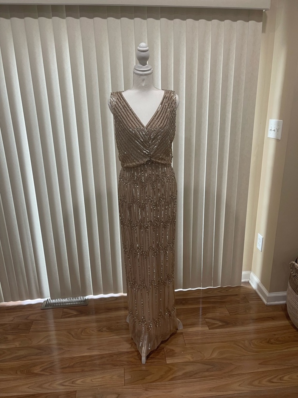 Adrianna Papell Gold Beaded V-Neck Maxi Gown